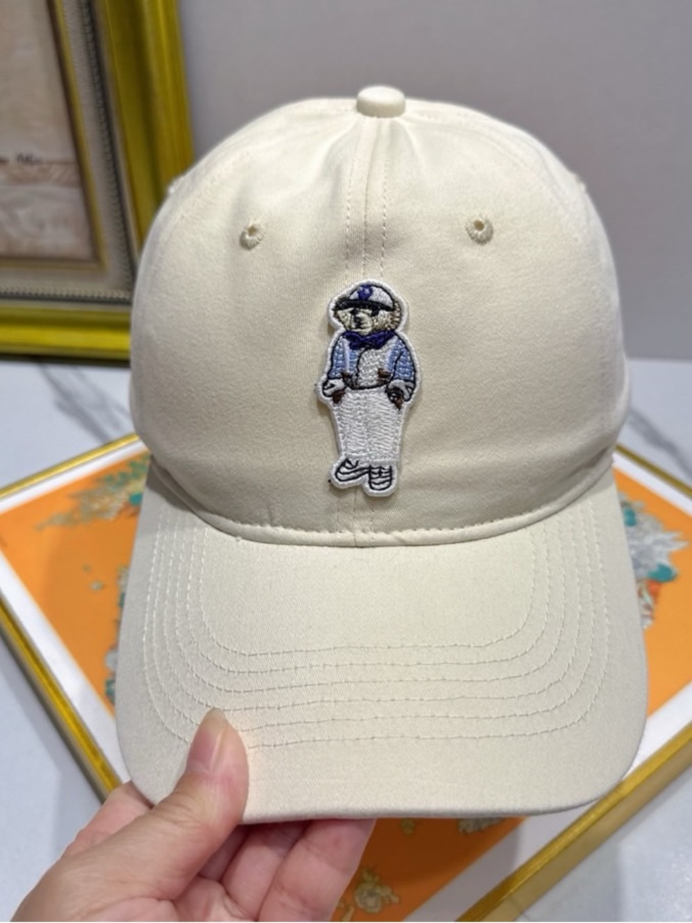 Polo by Ralph Lauren Cream Baseball Cap with Blue Bear Patch
